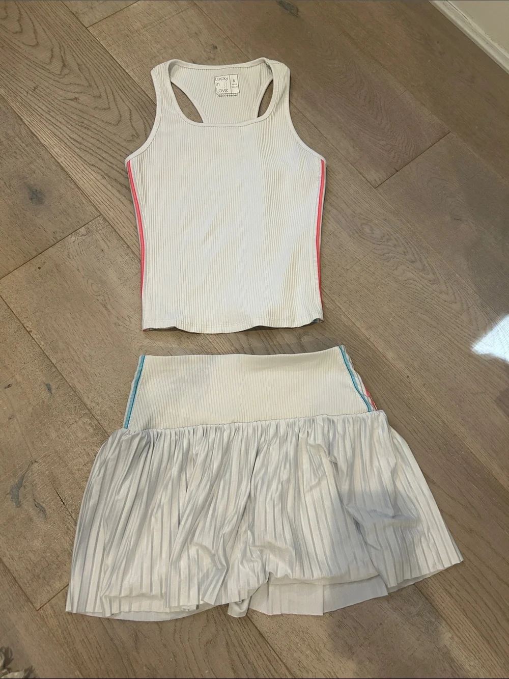 Lucky in love tennis pickleball padel Tank and Skirt Set with Pink & Blue Trim